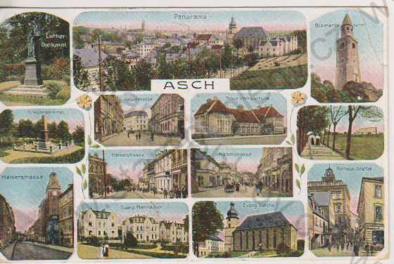  - Aš (Asch), Panorama, Kaiserstrasse, Evang. Kirche, Rathaus - Staffel, Bahnstein, více záběrů, barevná