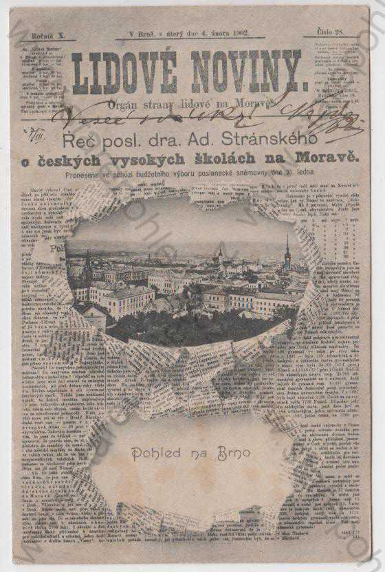  - Brno, celkový pohled, Lidové Noviny, řeč posl. dra. Ad. Stránského o českých vysokých školách na Moravě, DA