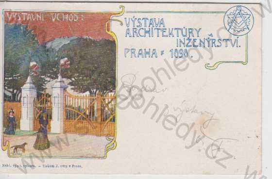  - Praha, Výstaviště, výstava architektury a inženýrství 1898, partie vchod na výstavu, kolorovaná, DA
