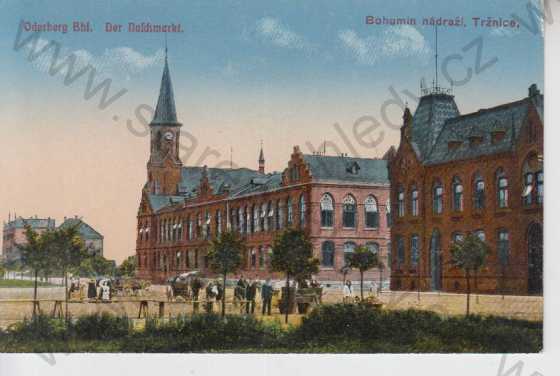  - Bohumín (Oderberg), náměstí, radnice, tržnice, NÁDRAŽÍ, kolorovaná