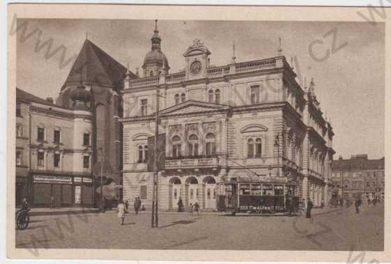  - Opava (Troppau), Horní náměstí, městské divadlo, v pozadí farní kostel, TRAMVAJ