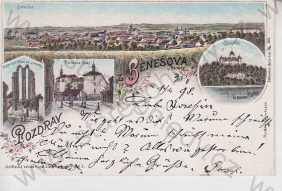  - Benešov, celkový pohled na město, zříceniny kláštera, Konopiště, Piaristská kolej, více záběrů, kolorovaná, DA