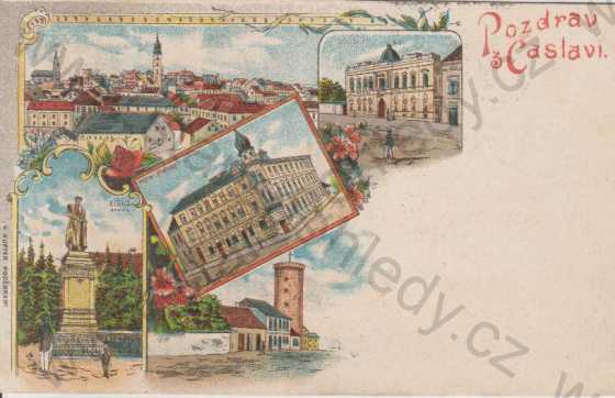  - Čáslav -  celkový pohled, Žižka -  pomník, Hotel Hvězda, Otakarova bašta / věž, litografie, DA, koláž, kolorovaná