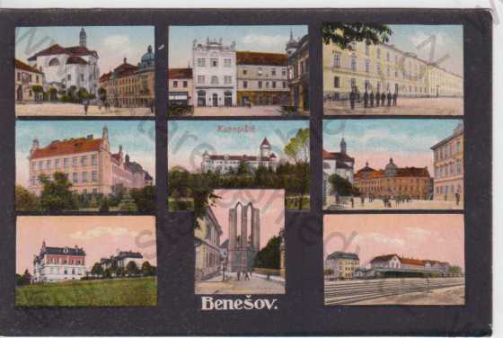  - Benešov, náměstí, kostel, zřícenina, Konopiště, NÁDRAŽÍ, více záběrů, kolorovaná