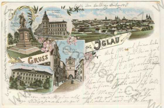  - Jihlava (Iglau) - celkový pohled, pomník Josef II., škola, brána, litografie, DA, koláž, kolorovaná