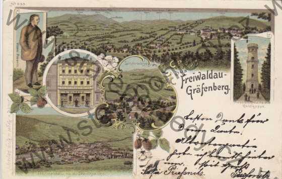  - Jeseník, Freiwaldau - Gräfenberg, Insidewiese, Aussichtswarte a.d. Goldkoppe, Friewaldau m.d. Stadtparke, litografie, DA