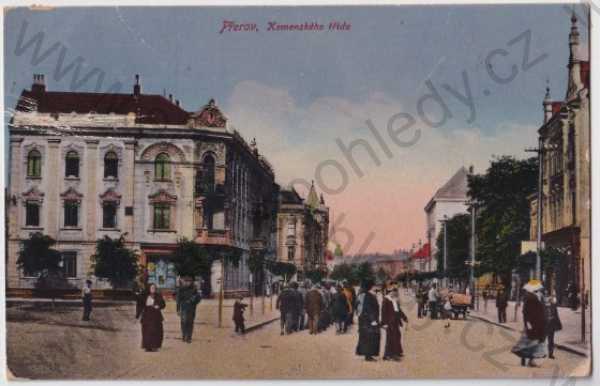  - Přerov (Prerau) Komenského třída, ulice, obchody, postavy, kolorovaná, litografie