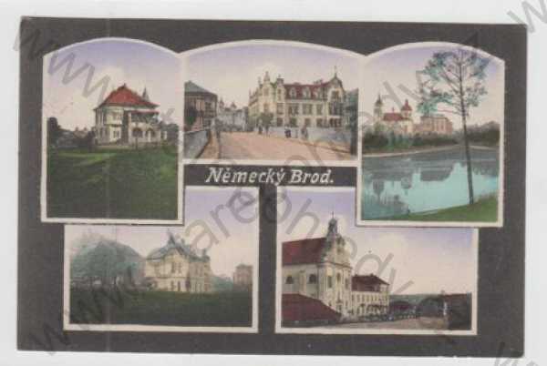  - Havlíčkův Brod (Německý Brod), více záběrů, pohled ulicí, kostel, kolorovaná
