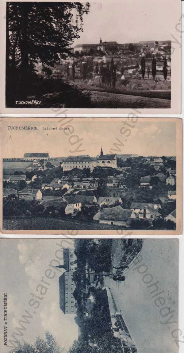  - 3 ks pohlednic: Tuchoměřice (Praha - západ), zámek, léčebný ústav, pohled na město