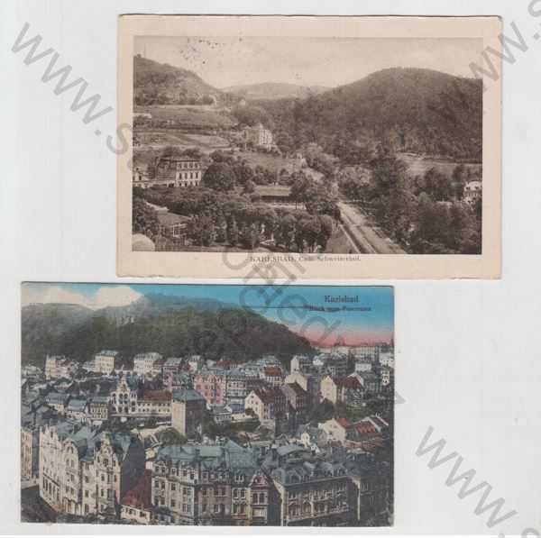  - 2x Karlovy Vary (Karlsbad), kavárna, částečný záběr města, kolorovaná