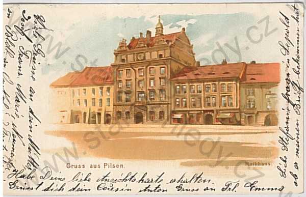  - Plzeň, náměstí, radnice, kresba, barevná, DA