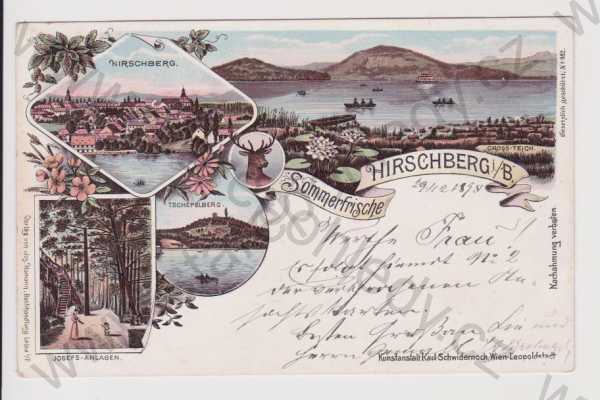  - Doksy (Hirschberg) - Dokeský rybník, celkový pohled, Tschepelberg, Josef-Anlagen, litografie, DA, koláž, kolorovaná