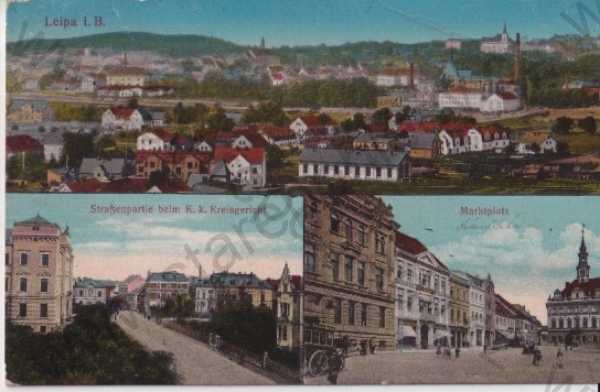  - Česká Lípa - Böhmisch Leipa, více záběrů: celkový pohled, ulice, náměstí, litografie, kolorovaná