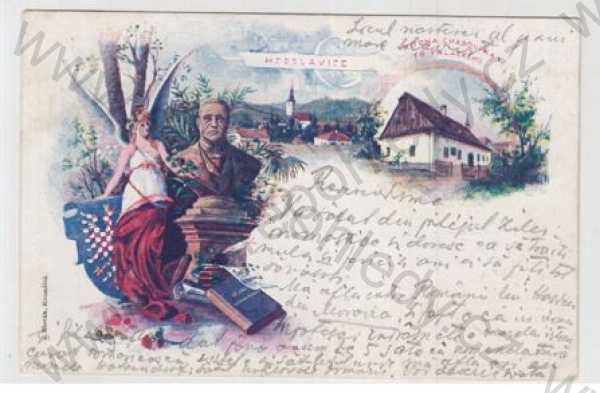  - Hodslavice (Nový Jičín), socha, busta, žena, šaty, erb, František Palacký, rodný dům, kolorovaná