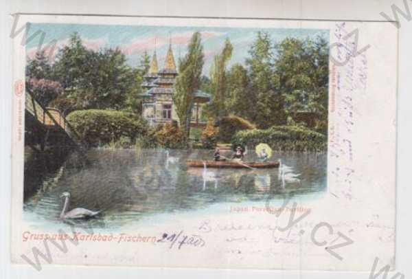  - Karlovy Vary (Karlsbad), Rybáře (Fischern), rybník, loď, labuť, kolorovaná, DA