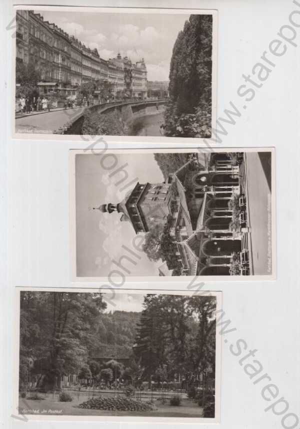 - 3x Karlovy Vary (Karlsbad), nábřeží, řeka, kolonáda, pramen, pošta