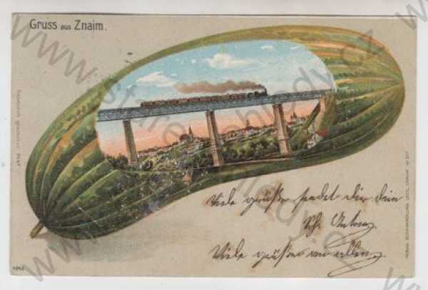  - Znojmo (Znaim), celkový pohled, most, vlak, okurka, kolorovaná, DA