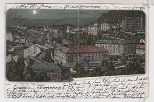 - Karlovy Vary (Karlsbad), částečný záběr města, kresba, kolorovaná, DA