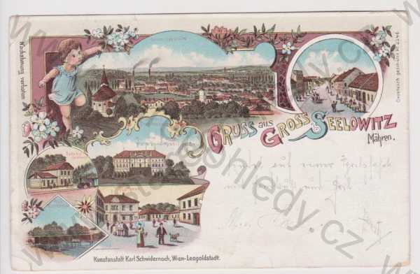  - Židlochovice - celkový pohled, nádraží, zámek, železniční most, radnice, litografie, DA, koláž, kolorovaná