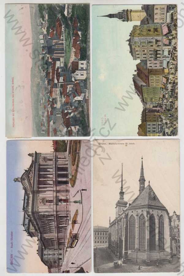  - 4x Brno (Brünn), celkový pohled, Zelný trh, divadlo, tramvaj, kostel, kolorovaná
