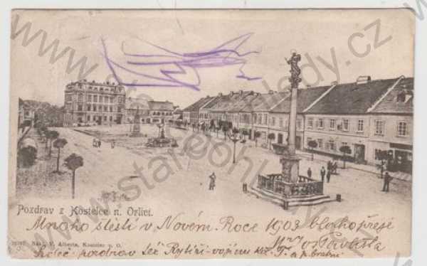  - Kostelec nad Orlicí (Rychnov nad Kněžnou), náměstí, sloup, kresba, DA