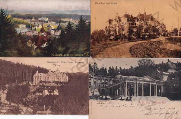 - 4x pohlednice: Mariánské lázně (Cheb), celkový pohled, kavárna, hotel, restaurace, promenáda
