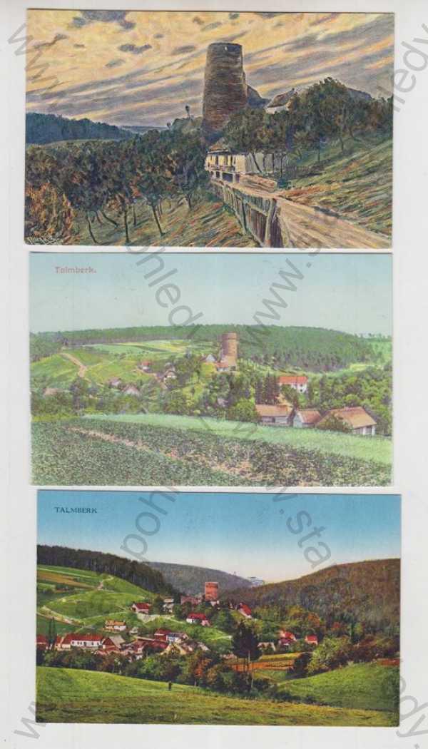  - 3x Talmberk (Kutná hora), celkový pohled, hrad, zřícenina, kolorovaná