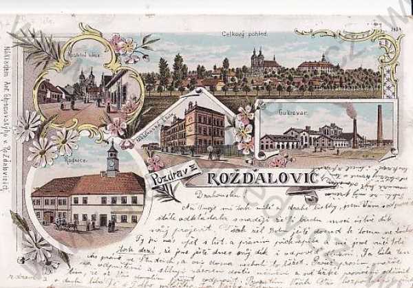  - Rožďalovice (Nymburk) více záběrů: kostel, cukrovar, radnice, celkový pohled, škola, kolorovaná, litografie, DA