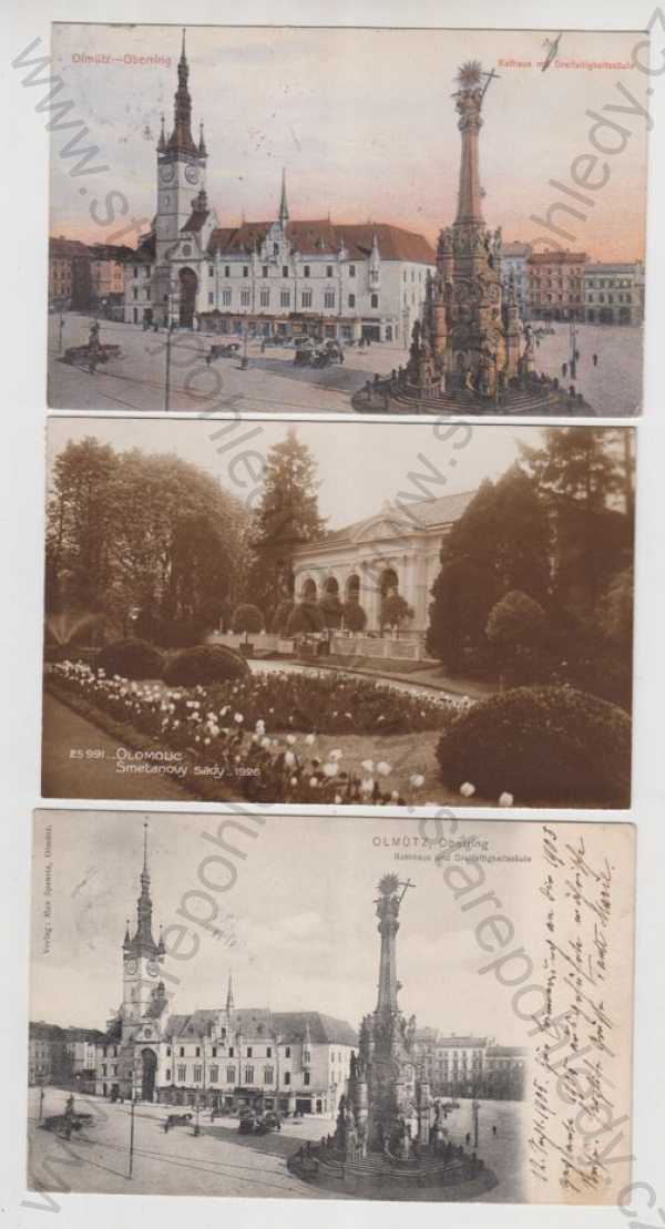  - 3x Olomouc (Olmütz), náměstí, sloup, socha, Smetanovy sady, radnice, kolorovaná