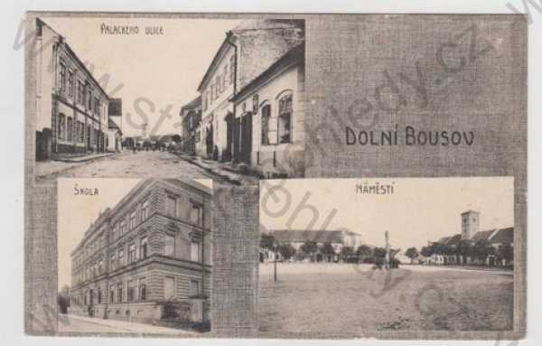  - Dolní Bousov (Mladá Boleslav), více záběrů, pohled ulicí, Palackého ulice, škola, náměstí
