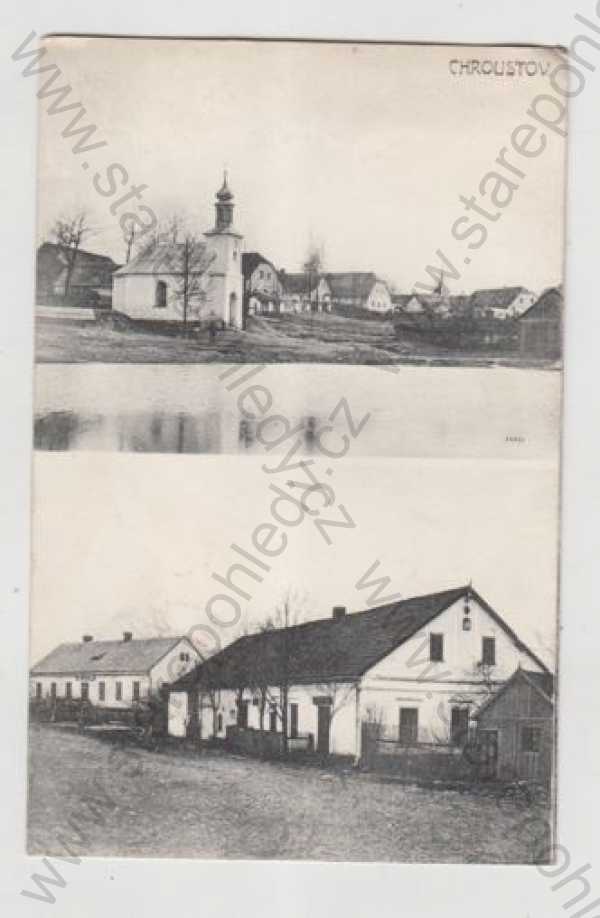  - Chroustov (Nymburk), více záběrů, kostel, pohled ulicí, částečný záběr města