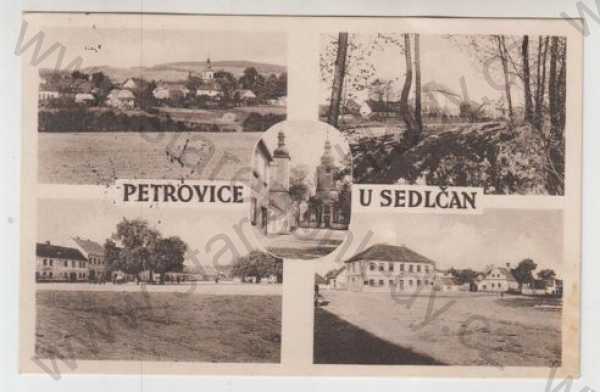  - Petrovice u Sedlčan (Příbram), více záběrů, celkový pohled, náměstí, kostel, pohled ulicí