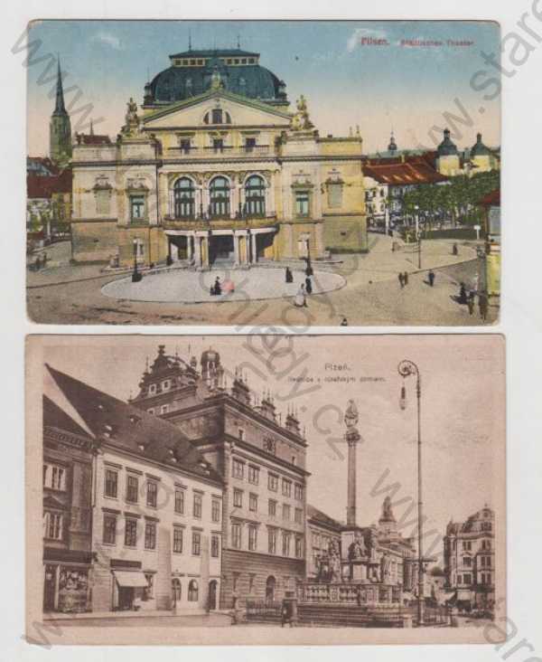 - 2x Plzeň (Pilsen), divadlo, radnice, císařský dům, náměstí, kolorovaná