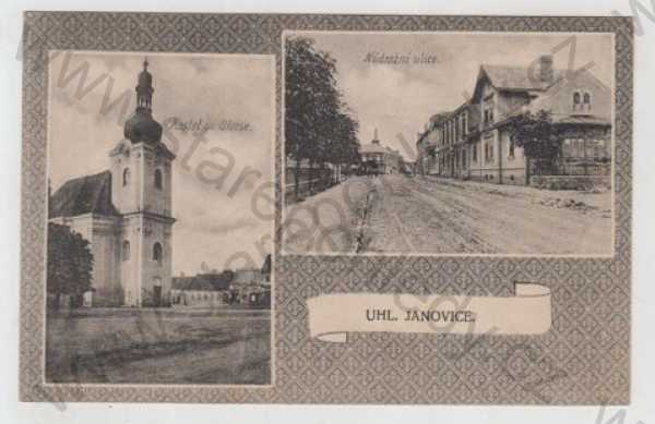  - Uhlířské Janovice (Kutná Hora), více záběrů, kostel, Nádražní ulice, pohled ulicí