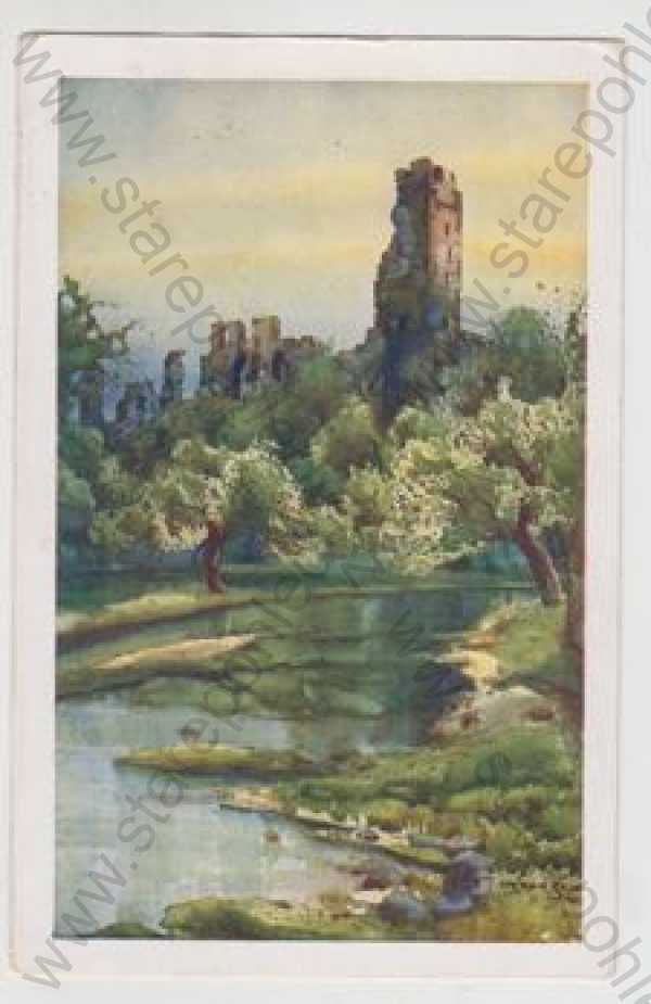  - Okoř (Praha - západ), hrad, zřícenina, O. Schmidt, kolorovaná