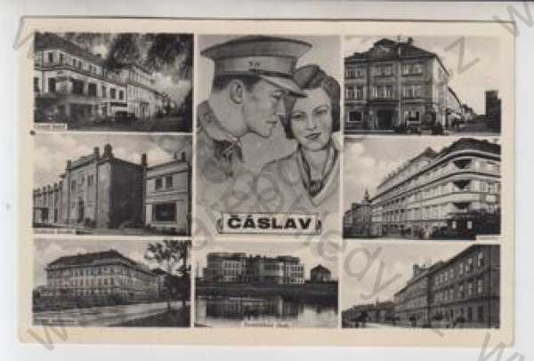  - Čáslav (Kutná hora), více záběrů, hotel, divadlo, nemocnice, škola, nádraží, muž, žena, voják, uniforma