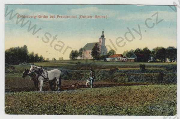  - Uhlířský vch (Köhlerberg) - Bruntál, kostel, kůň, zemědělství, orba, kolorovaná