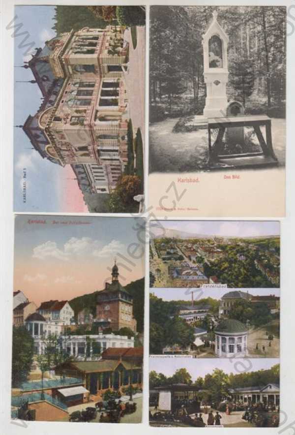  - 3x Karlovy Vary (Karlsbad), lázně, Bild, částečný záběr města, 1x Františkovy lázně (Franzensbad), více záběrům celkový pohled, kolonáda, kolorovaná