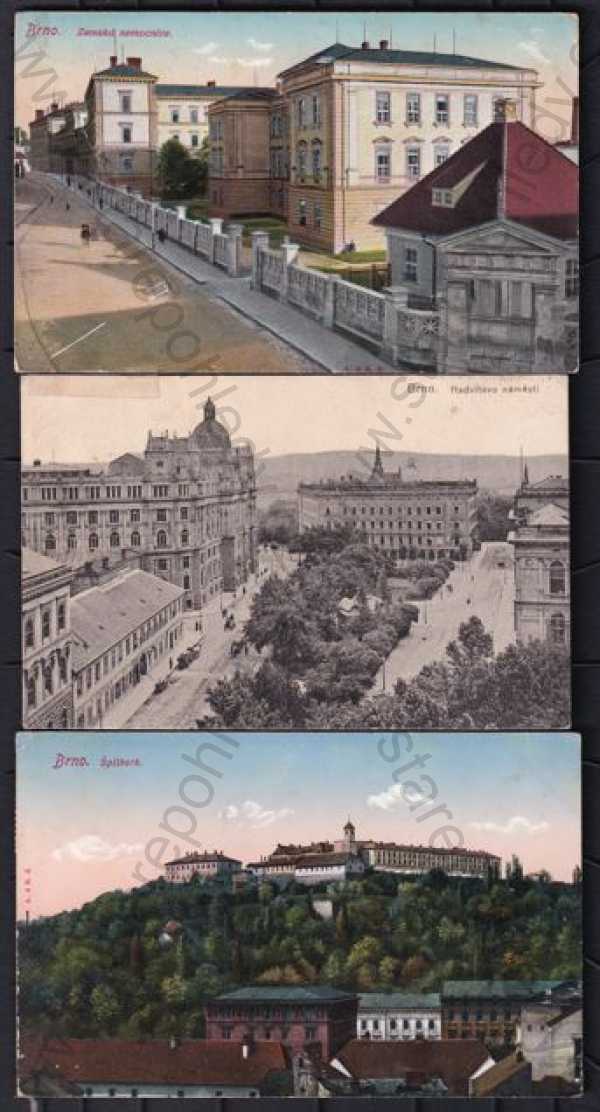  - 3x Brno, barevná, náměstí, nemocnice, hrad Špilberk, celkový pohled