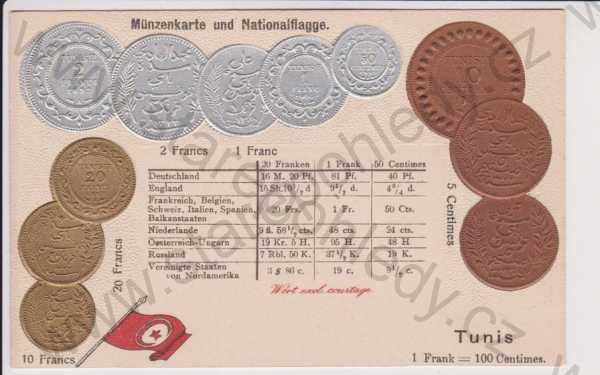  - Mince - Tunisko, plastická koláž, stříbřená, zlacená, bronzová, vlajka