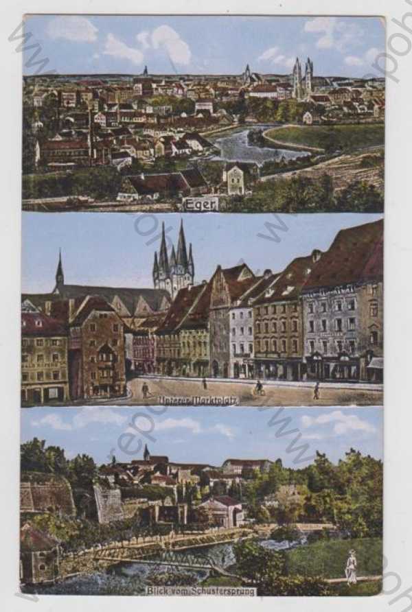  - Cheb (Eger), více záběrů, celkový pohled, náměstí, částečný záběr města, kolorovaná
