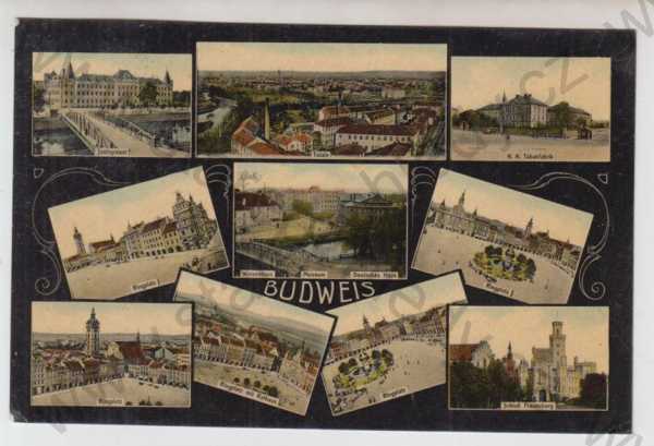  - České Budějovice (Budweis), více záběrů, most, celkový pohled, továrna, náměstí, muzeum, Deutsches haus, Zámek Hluboká, kolorovaná, koláž
