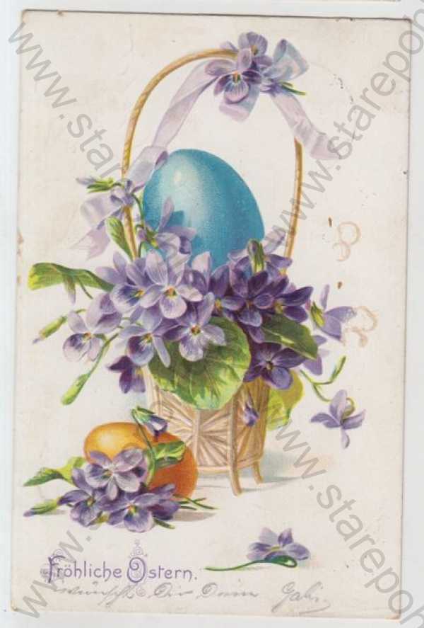  - Velikonoce, vejce, kraslice, koš, květina, kolorovaná, plastická karta