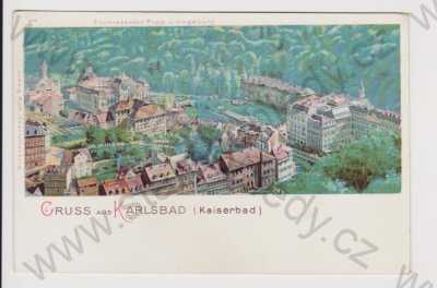  - Karlovy Vary - lázně - Pupp a okolí, kolorovaná, litografie, DA