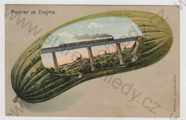  - Znojmo, celkový pohled, most, viadukt, vlak, okurka, kolorovaná, koláž