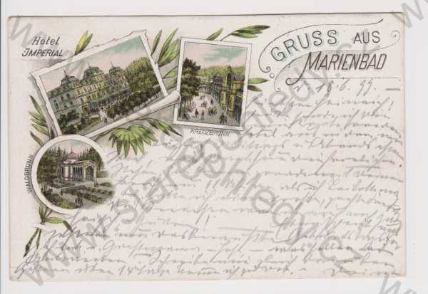  - Mariánské Lázně - hotel Imperial, pramen, litografie, DA, koláž, kolorovaná