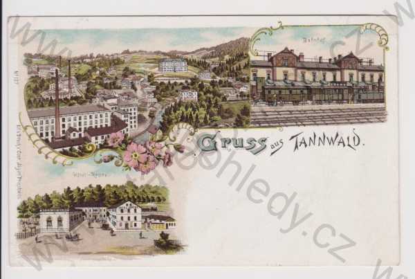  - Tanvald - nádraží, celkový pohled, hotel Koruna, litografie, DA, koláž, kolorovaná