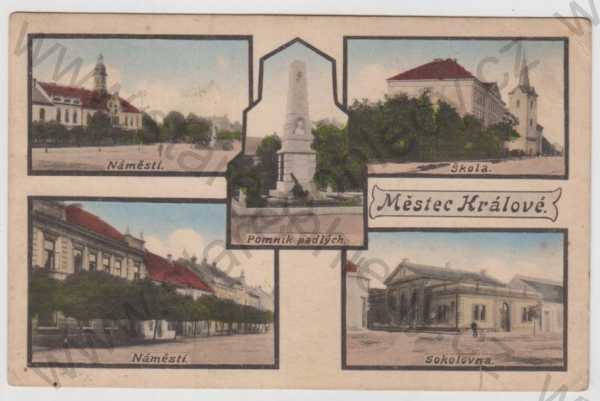  - Městec Králové (Nymburk), více záběrů, náměstí, pomník, škola, Sokolovna, kolorovaná, koláž
