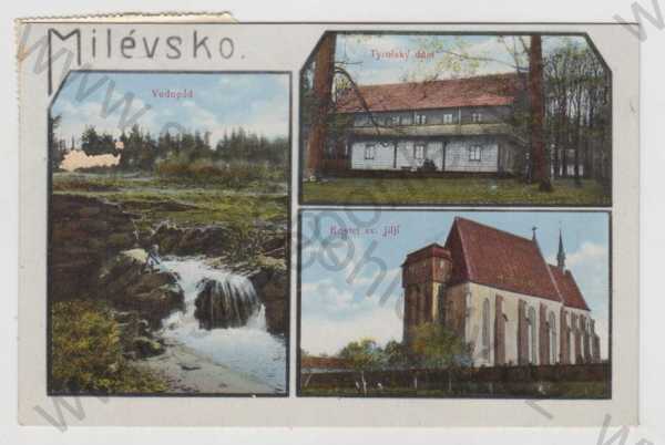  - Milevsko (Písek), více záběrů, vodopád, Tyrolský dům, Kostel sv. Jiljí, kolorovaná