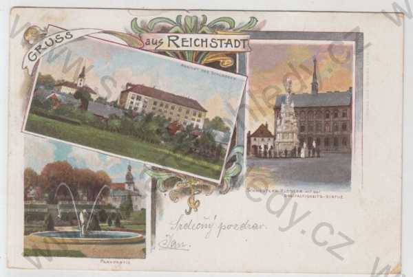  - Zákupy (Reichstadt) - Česká Lípa, více záběrů, socha, kašna, vodotrysk, zámek, kolorovaná, koláž, DA